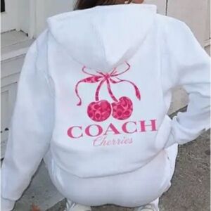 COACH White Hoodie with Pink Cherry Designer Monogram